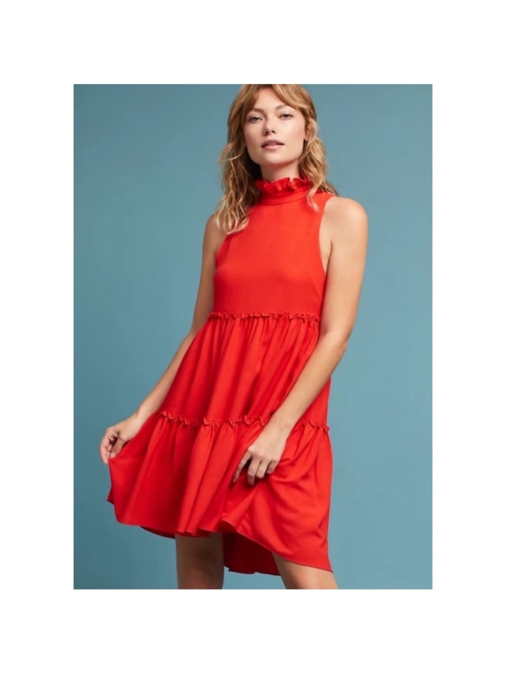 ELLIATT | Anthropologie Ruffled Turtleneck Swing Dress, red, size small - Picture 1 of 6
